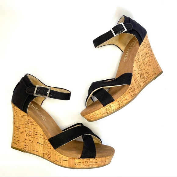 Toms Shoes - Toms Clarissa  Canvas Black Wedge Sandals, 6